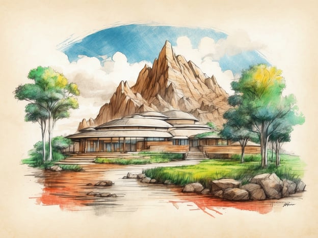 Auf dem Bild ist ein skizzenhaftes Konzept eines Gebäudes zu sehen, das harmonisch in eine naturnahe Umgebung integriert ist. Solche Architektur könnte Teil von Naturschutzprojekten sein, die darauf abzielen, den Lebensraum von Tieren zu schützen und die Biodiversität zu fördern.Zusätzlich könnte das Gebäude für Bildungsarbeit genutzt werden, um Menschen über Umweltschutz, nachhaltige Praktiken und die Bedeutung der Natur aufzuklären. Durch Workshops, Ausstellungen und Bildungsprogramme könnten Besucher dazu angeregt werden, sich aktiv für den Schutz der Natur einzusetzen. Die Umgebungsdetails, wie die Berge und Wasserflächen, unterstreichen die Verbundenheit mit der Natur und könnten weitere Möglichkeiten zur Erkundung und Bildung bieten.