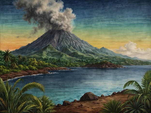 Auf dem Bild ist ein majestätischer Vulkan zu sehen, der von dichten, grünen Tropenwäldern umgeben ist. Diese beeindruckende Szenerie könnte die Isla Zapatera in Nicaragua repräsentieren, die für ihre mystischen Legenden und tief verwurzelte Kultur bekannt ist.In der Mythologie der Isla Zapatera wird erzählt, dass die Insel einst von spirituellen Wesen bewohnt war, die den Menschen mit ihrer Weisheit und magischen Kräften halfen. Der Vulkan selbst wird manchmal als schlafender Wächter betrachtet, der die Geheimnisse der Insel bewacht und über die Schicksale der Seelen wacht, die zwischen den Welten leben.Die rauchenden Wolken, die aus dem Vulkan aufsteigen, könnten als Botschaft der Götter gedeutet werden, die warnen oder neu ausgerichtete Energien ankündigen. Die lebhaften Farben des Himmels in der Dämmerung symbolisieren den Übergang zwischen Tag und Nacht, einem wichtigen Moment, der in vielen Traditionen als Zeit der Reflexion und des Wandels geschätzt wird.In Verbindung mit der üppigen Vegetation und dem glitzernden Wasser erzählt das Bild die Geschichte einer harmonischen, aber tief mystischen Landschaft, die reich an Kultur und Spiritualität ist.