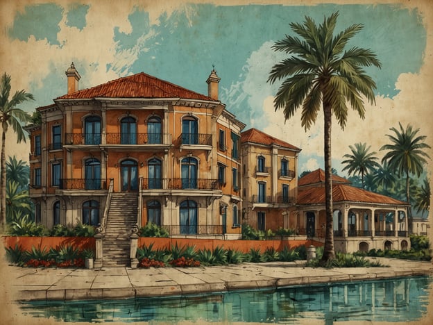 Auf dem Bild ist ein elegantes, historisches Gebäude zu sehen, das vermutlich einem typischen mediterranen Stil entstammt. Die Architektur zeichnet sich durch eine denkmalgeschützte Fassade aus hellen Steinen und einem roten Ziegeldach aus.Besonders auffällig sind die großen Fenster mit schmiedeeisernen Balkonen, die sowohl für Licht als auch für eine offene, einladende Atmosphäre sorgen. Die Stufen, die zum Eingang führen, verleihen dem Gebäude einen imposanten Charakter. Um das Haus herum befinden sich tropische Palmen und blühende Pflanzen, was auf eine Verbindung zur Natur und ein angenehmes Klima hinweist.Zusätzlich kann man einen Anbau oder Pavillon im hinteren Teil des Hauses erkennen, der den offenen Raum für gesellige Zusammenkünfte erweitert. Diese Bauweise und Gestaltung sprechen für eine großzügige und mediterrane Lebensweise.