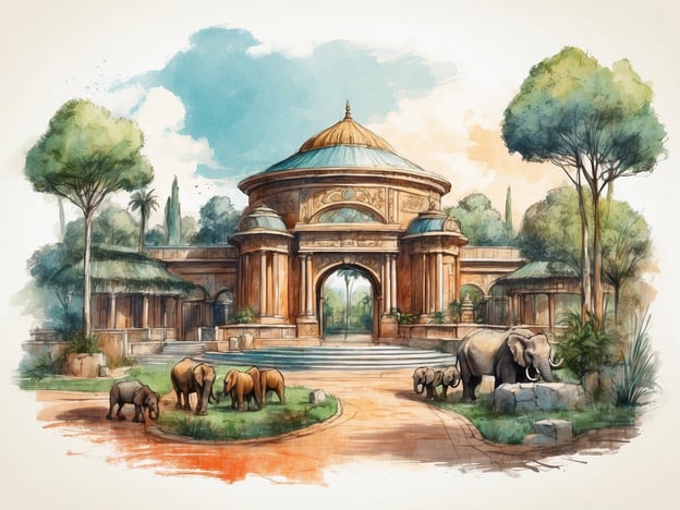 Das Bild zeigt einen Tierpark mit einer beeindruckenden Architektur. Im Vordergrund sind mehrere Elefanten zu sehen, die zusammenstehen und sich in ihrer Umgebung bewegen. Die Gebäude im Hintergrund haben ein klassisches Design mit einer großen Kuppel und Säulen, was auf eine lange Geschichte des Ortes hinweisen könnte, da viele Tierparks über die Jahre hinweg architektonisch gestaltet wurden, um sowohl die Tiere als auch die Besucher anzusprechen.Der Tierpark könnte für die Erhaltung von Tieren sowie für Bildungszwecke dienen, und die sorgfältig gestaltete Umgebung scheint darauf abzuzielen, eine natürliche Atmosphäre zu schaffen. Solche Parks haben oft eine bedeutende Rolle in der Geschichte von Naturschutz und Tierschutz gespielt, indem sie Menschen die Möglichkeit geben, mehr über die Tierwelt zu erfahren und das Bewusstsein für den Schutz gefährdeter Arten zu fördern.