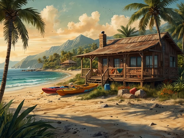 Auf dem Bild ist eine idyllische Strandlandschaft zu sehen, die an Aktivitäten und Erlebnisse in Catarina erinnert. Die kleine Holz-Hütte, die direkt am Strand steht, könnte als Ausgangspunkt für verschiedene Freizeitaktivitäten dienen.Besucher könnten hier Kayak fahren, was durch die bunten Kajaks im Vordergrund angedeutet wird. Die ruhige Bucht und das klare Wasser laden zum Schwimmen und Schnorcheln ein. Auch das Erkunden der umliegenden Natur und möglichen Wanderungen in den Bergen im Hintergrund sind ideale Erlebnisse in dieser malerischen Umgebung.Zudem bietet der Strand Platz für entspannende Tage in der Sonne, Pflanzungen von tropischen Pflanzen und gemütliche Grillabende mit Blick aufs Meer. Die Kombination aus Natur, Wasseraktivitäten und der Ruhe der Umgebung macht Catarina zu einem beliebten Ziel für Erholung und Abenteuer.