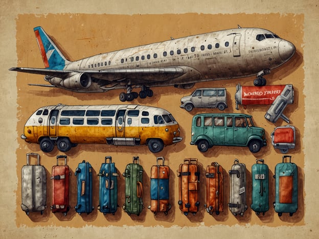 Auf dem Bild sind verschiedene Verkehrsmittel und Gepäckstücke zu sehen. Es zeigt ein Flugzeug, einen klassischen Reisebus, verschiedene Autos sowie eine Vielzahl von Koffern in unterschiedlichen Farben.### Anreise und praktische Tipps für Besucher:1. **Flughafen**: Wenn du mit dem Flugzeug anreist, informiere dich über den nächsten Flughafen und die verfügbaren Transfermöglichkeiten in die Stadt.2. **Öffentliche Verkehrsmittel**: Nutze lokale Busse oder Züge für eine kostengünstige Anreise. Oft gibt es spezielle Shuttle-Services für Touristen.3. **Fahrzeuge mieten**: In vielen Städten hast du die Möglichkeit, Autos oder Fahrräder zu mieten, um die Umgebung flexibler zu erkunden.4. **Gepäckverwaltung**: Achte darauf, dein Gepäck gut zu organisieren. Koffer mit unterschiedlichen Farben können dir helfen, dein Gepäck am Flughafen leicht zu identifizieren.5. **Planung der Route**: Erstelle eine Liste der Orte, die du besuchen möchtest, und plane deine Route im Voraus, um Zeit zu sparen.6. **Sicherheit**: Halte immer ein Auge auf dein Gepäck, insbesondere an öffentlichen Orten.Diese Tipps helfen, deinen Besuch stressfrei und angenehm zu gestalten!