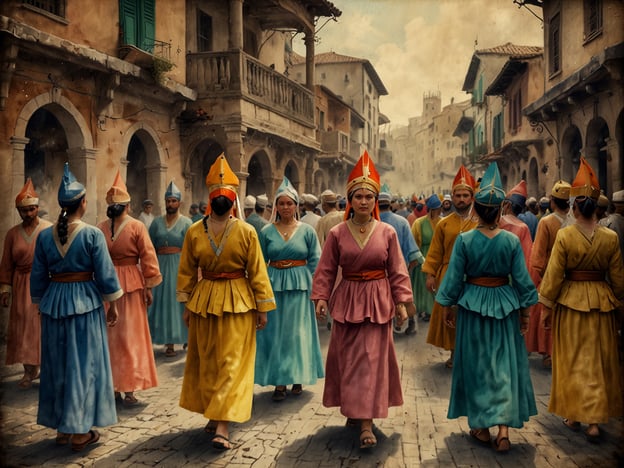 Auf dem Bild sind mehrere Personen in traditioneller Kleidung zu sehen, die durch eine belebte Straße in einer architektonisch ansprechenden Umgebung gehen. Die Verwendung von leuchtenden Farben und die charakteristischen Hüte deuten auf eine kulturelle Tradition hin, möglicherweise aus einer Region, die für ihre festlichen Umzüge oder traditionellen Rituale bekannt ist.In vielen Kulturen, insbesondere in Asien und dem Mittelmeerraum, haben Farben und Kleidung eine tiefere Bedeutung. Zum Beispiel können bestimmte Farben mit Jahreszeiten, Festen oder sogar sozialen Rängen assoziiert werden. Die Anwesenheit mehrerer Menschen in ähnlicher Tracht könnte auf einen festlichen Anlass hindeuten, möglicherweise ein religiöses Fest oder eine kulturelle Feier, bei der Gemeinschaft und Identität eine zentrale Rolle spielen.Darüber hinaus könnte diese Darstellung auch an historische Traditionen erinnern, die in verschiedenen Kulturen praktiziert wurden, wie etwa Prozessionen oder Märkte, bei denen die Menschen ihre Identität und Verbundenheit mit der Gemeinschaft zum Ausdruck bringen. Solche Szenen sind oft mit lokalem Erbe und Geschichten verbunden, die von Generation zu Generation weitergegeben werden.