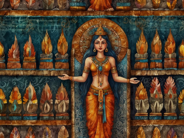 Auf dem Bild ist eine mystische Darstellung zu sehen, die stark mit spirituellen Rituelen und Bräuchen verbunden ist. Die zentrale Figur, die in prächtige Gewänder gehüllt ist, könnte eine Göttin oder eine symbolische Entität repräsentieren, die für Weisheit und Licht steht. Um sie herum sind zahlreiche Feuer- oder Lichtsymbole angeordnet, die häufig in diversen Kulturen für Reinigung, Transformation und spirituelle Präsenz stehen.In mystischen Rituale werden oft Lichter entzündet, um den Weg zu erleuchten und positive Energien zu beschwören. Diese Bräuche sind in vielen Traditionen tief verwurzelt, sei es in der hinduistischen, buddhistischen oder anderen spirituellen Praktiken. Die Darstellung könnte auch auf eine Verbindung zur Natur und den Elementen hinweisen, indem sie rituelle Objekte darstellt, die in Zeremonien verwendet werden, um beispielsweise den Segen der Götter zu erbitten oder Harmonie zu schaffen.