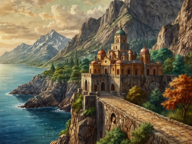 Auf dem Bild ist eine malerische Küstenlandschaft mit einer beeindruckenden Architektur zu sehen, die an ein mystisches Gebäude oder ein Kloster erinnert. Die leuchtenden Farben der Natur, die dramatischen Berge im Hintergrund und das sanfte Wasser erzeugen eine Atmosphäre voller Ruhe und Erhabenheit.Für Touristen bietet dieser Ort die Möglichkeit, die Mystik der Umgebung zu erleben – sei es durch Erkundungen der fernöstlichen Architektur, das Einsamkeitsgefühl bei einer Wanderung entlang der Küste oder einfach durch das Eintauchen in die spirituelle Aura des Ortes. Die harmonische Verbindung von Natur und Menschlichkeit lädt dazu ein, sich inspirieren zu lassen und die Seele baumeln zu lassen.