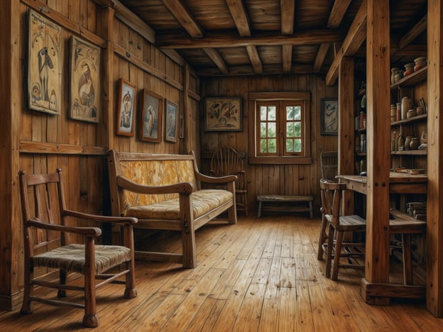 Auf dem Bild ist ein traditionell eingerichteter Raum zu sehen, der möglicherweise von der Möbelkunst in Masatepe inspiriert ist. Diese Region ist bekannt für ihre handgefertigten Möbel, oft aus Holz mit kunstvollen Schnitzereien. Die Holzwände und der Holzboden schaffen eine rustikale Atmosphäre.In dem Raum befinden sich verschiedene Möbelstücke, darunter eine Bank mit einem gemusterten Polster, mehrere Stühle und ein Tisch, die den typischen Stil der Masatepe-Möbelkunst widerspiegeln. Die Bilder an den Wänden zeigen natürliche Motive, was die Verbundenheit zur Kultur und Tradition der Region unterstreicht. Das Fenster ermöglicht einen Blick ins Freie und bringt Tageslicht in den Raum, was die warme, einladende Stimmung verstärkt.