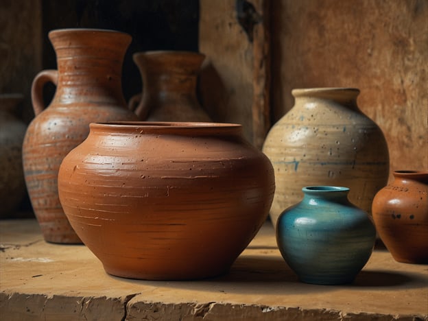 Auf dem Bild sind verschiedene Tontöpfe und Vasen zu sehen, die sowohl traditionelle als auch moderne Techniken der Keramikherstellung widerspiegeln.**Traditionelle Techniken:**Die Töpfe scheinen handgefertigt zu sein, was auf klassische Methoden wie die Handaufbautechnik oder die Drehscheibe hinweist. Diese Techniken werden oft genutzt, um unique Formen und Texturen zu schaffen. Die unglasierten Oberflächen und die Erdtöne verleihen den Gefäßen einen rustikalen, ursprünglichen Charakter, der oft mit traditioneller Keramik assoziiert wird.**Moderne Techniken:**Einige Töpfe sind glasiert und zeigen möglicherweise moderne Glasurtechniken, die lebendige Farben und Oberflächenstrukturen bieten. Diese modernen Techniken erlauben eine größere kreative Freiheit und können auch innovative Herstellungsverfahren wie Gießen oder 3D-Drucken von Keramik beinhalten.Insgesamt zeigt das Bild eine interessante Kombination von traditionellen und modernen Stilen in der Keramik, die sowohl das Handwerk als auch die künstlerische Innovation schätzen.
