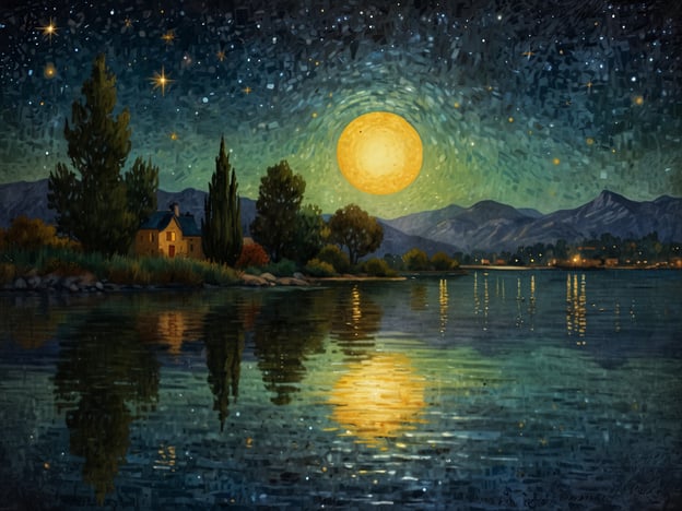 Auf dem Bild ist eine malerische Landschaft mit einem klaren Nachthimmel, einem großen, strahlenden Mond und einer ruhigen Wasseroberfläche zu sehen. Die Darstellung erinnert an die Werke von Vincent van Gogh, besonders an „Sternennacht“, in dem starke, dynamische Farben und expressive Pinselstriche das Gefühl der Nacht und das Licht der Sterne vermitteln.Die umgebende Natur mit Bäumen und Bergen könnte auch an Werke von Caspar David Friedrich erinnern, der oft die majestätische Schönheit der Natur in seinen Gemälden zeigte. Die Reflexionen im Wasser erzeugen ein Gefühl von Ruhe und Harmonie, ähnlich den impressionistischen Landschaften von Claude Monet, der oft mit Licht und Farbe spielte, um Stimmungen einzufangen.