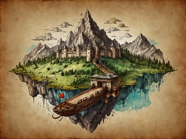Auf dem Bild ist eine fantasievolle Landschaft zu sehen, die sich auf einem schwebenden Felsen befindet. In der Mitte thront eine majestätische Burg, umgeben von Bergen und grünen Wäldern. Unten erkennt man ein Boot, das an einer Art Hafen angelegt ist. Die gesamte Szenerie wirkt wie aus einem Abenteuerbuch, und man könnte sich gut vorstellen, dass hier Geschichten über Ritter, Drachen und Heldentaten erzählt werden.Wenn du ein Abenteuer planen möchtest, könntest du dir überlegen, wie es wäre, die Burg zu erkunden, Geheimnisse aus ihrer Vergangenheit aufzudecken oder den Gipfel der Berge zu erklimmen. Vielleicht gibt es auch einen geheimen Weg, der zur Burg führt, der den Mutigen besondere Belohnungen bringt.