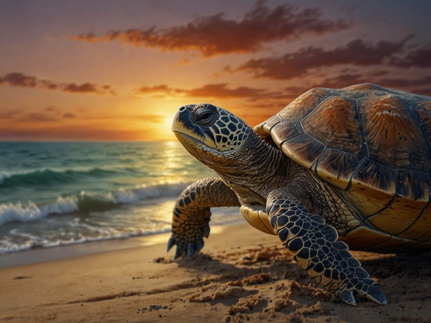 Auf dem Bild ist eine Schildkröte zu sehen, die sich an einen Strand bewegt. Die Umgebung suggeriert, dass es Sonnenuntergang ist, da der Himmel in warmen Farben leuchtet.### Beobachtungsmöglichkeiten:- **Schildkröte**: Die Details der Schale sind gut erkennbar, sie hat eine interessante Musterung und scheint sich auf dem Weg ins Wasser zu befinden.- **Strand**: Der Sand ist offensichtlich weich, und die Wellen des Meeres brechen sanft an die Küste.- **Himmel**: Die Wolken reflektieren die Farben des Sonnenuntergangs, was eine friedliche Atmosphäre schafft.### Aktivitäten:- **Beobachtung der Schildkröte**: Man könnte ihre Bewegung und die Art und Weise, wie sie sich ans Wasser annähert, beobachten.- **Fotografieren des Sonnenuntergangs**: Die Schönheit des Himmels könnte inspirierend sein und viele dazu anregen, Fotos zu machen.- **Genießen der Natur**: Die Szene lädt zum Entspannen und zur Achtsamkeit in der Natur ein.