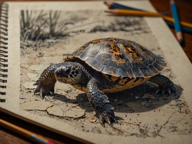 Auf dem Bild ist eine Schildkröte zu sehen, die auf einer geöffneten Skizzenbuchseite steht. Die Seite zeigt eine künstlerische Darstellung einer Landschaft, die mit Buntstiften und skizzenhaften Details gestaltet ist. Die Schildkröte wirkt lebendig und realistisch, während der Hintergrund in einem eher skizzenhaften Stil gehalten ist.Dieses Bild könnte als eine schöne Verbindung zwischen Fotografie und der Kunst des Zeichnens betrachtet werden. Es hält die Erinnerungen von Erlebnissen in der Natur fest, indem es die Details des Tieres in den Vordergrund rückt und zugleich die Kreativität des Zeichners widerspiegelt. Solche Darstellungen laden dazu ein, über die langsamen, ruhigen Bewegungen der Schildkröte nachzudenken und die Harmonie zwischen Kunst und Natur zu genießen.