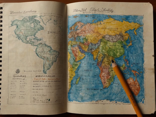 Auf dem Bild ist ein handgezeichneter, bunter Weltkarte zu sehen, die in einem Notizbuch angefertigt wurde. Für einen Besuch in Bluefields, einem Ort in Nicaragua, sind hier einige Tipps zur Reiseplanung:1. **Anreise**: Bluefields ist am besten mit dem Flugzeug oder über den Seeweg zu erreichen. Informiere dich über lokale Flüge oder Fährverbindungen von anderen Städten wie Managua.2. **Unterkünfte**: Suche nach Hotels oder Guesthouses, die gut bewertet sind. Eine frühzeitige Buchung kann dir die besten Preise sichern.3. **Transport vor Ort**: Erkundige dich nach öffentlichen Verkehrsmitteln oder Mietfahrzeugen. Tuk-Tuks sind eine beliebte und praktische Option.4. **Sehenswürdigkeiten**: Plane Besuche von lokalen Märkten, dem Strand und Naturschutzgebieten. Beliebte Aktivitäten sind auch Bootsfahrten und der Besuch von indigenen Gemeinschaften.5. **Essen**: Probiere lokale Spezialitäten wie Meeresfrüchte und traditionelle Gerichte. Es gibt viele kleine Restaurants, die authentische Küche bieten.6. **Kultur und Veranstaltungen**: Informiere dich über lokale Feste oder Veranstaltungen, die während deines Aufenthalts stattfinden.7. **Sicherheit**: Informiere dich über die aktuellen Sicherheitsbedingungen und nimm die üblichen Vorsichtsmaßnahmen.Mit diesen Tipps bist du bestens für deinen Besuch in Bluefields vorbereitet!