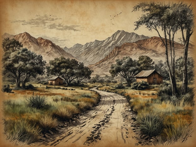 Auf dem Bild ist eine ländliche Szene zu sehen, die sich in einer bergigen Umgebung abspielt. Die einzigartigen Merkmale von Cerro Musún, einer Region in Argentinien, sind die beeindruckenden, leicht bewaldeten Berge im Hintergrund sowie die sanften Hügel und die üppige Vegetation im Vordergrund.Es gibt zwei kleine, rustikale Häuser, umgeben von Bäumen und Gestrüpp, und ein gewundener Weg führt durch die Landschaft. Die sanften Farben und die malerische Anordnung der Natur vermitteln eine ruhige, friedliche Atmosphäre, die typisch für ländliche Gebiete in dieser Region ist.