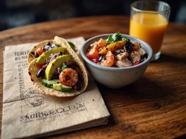 Auf dem Bild sind zwei köstliche Tacos zu sehen, gefüllt mit frischem Gemüse wie Avocado, Gurke und Tomaten sowie Garnelen. Daneben befindet sich eine Schüssel mit einer bunten Meeresfrüchte-Mischung, die wahrscheinlich ebenfalls Garnelen und andere Zutaten enthält. Dazu gibt es ein Glas frisch gepressten Saft.In Playa Maderas sind solche kulinarischen Highlights sehr beliebt. Die Region ist bekannt für ihre frischen Zutaten und regionalen Spezialitäten, darunter Fisch- und Meeresfrüchte-Gerichte, die perfekt zu den tropischen Aromen und dem entspannten Ambiente der Küste passen.