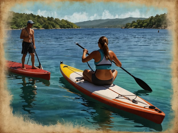 Auf dem Bild sieht man zwei Personen, die auf Stand-Up-Paddle-Boards (SUP) auf einem ruhigen Gewässer paddeln. Die Szenerie vermittelt eine entspannte und sonnige Atmosphäre.
Für verschiedene Geschmäcker könnten folgende Aktivitäten in dieser Umgebung interessant sein:
1. **Wassersport**: Neben Stand-Up-Paddling könnte man auch Kajakfahren oder Windsurfen ausprobieren.
2. **Schwimmen**: Das klare Wasser lädt zum Schwimmen und Erfrischen ein.
3. **Naturerkundung**: Eine Erkundungstour entlang der Küste oder durch nahegelegene Naturschutzgebiete wäre ideal für Naturliebhaber.
4. **Picknick**: Ein entspanntes Picknick am Ufer oder auf einem der Boards kann eine schöne Abwechslung bieten.
5. **Fotografie**: Die malerische Landschaft eignet sich hervorragend für tolle Urlaubsfotos.
Es gibt also viele Aktivitäten, die man in dieser schönen Umgebung genießen kann!