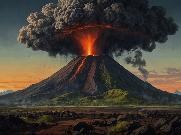 Auf dem Bild ist ein ausbrechender Vulkan zu sehen, der eine beeindruckende Eruption zeigt. Geologisch betrachtet handelt es sich um einen Stratovulkan, der durch die Schichtung von Lavaströmen und pyroklastischen Materialien charakterisiert ist.Die Eruption erzeugt große Mengen an Asche und Gasen, die in die Atmosphäre geschleudert werden. Das rot glühende Magma, das aus dem Krater fließt, weist auf aktiven Vulkanismus hin. Solche Vulkane können explosive Ausbrüche haben, die eine Gefahr für die Umgebung darstellen.Die Hangneigungen des Vulkans sind oft steil, was typisch für Stratovulkane ist, und die umgebende Landschaft zeigt möglicherweise auch die Folgen früherer Eruptionen, wie Lavaströme oder Ascheablagerungen. Auch die Wolken aus Vulkanrauch sind ein wichtiges geologisches Merkmal, da sie auf die chemische Zusammensetzung des ausströmenden Materials hinweisen.