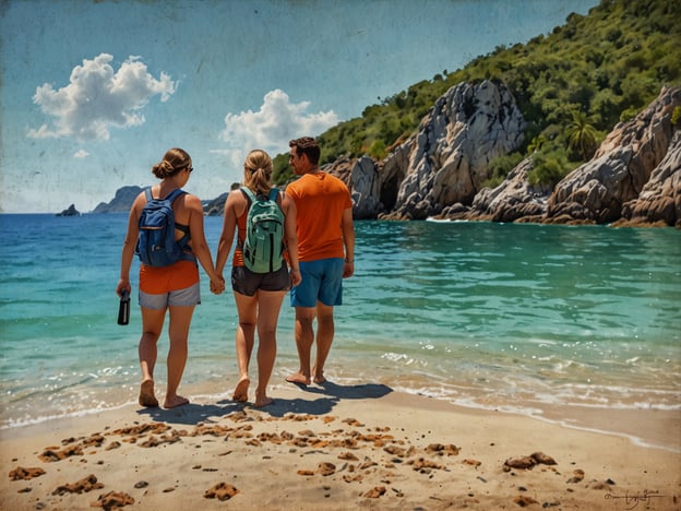 Auf dem Bild sind drei Personen zu sehen, die am Strand spazieren gehen. Sie halten sich an den Händen und schauen auf das Wasser und die Umgebung. Es sieht nach einem schönen, sonnigen Tag aus, ideal für Familienaktivitäten. Hier sind ein paar Vorschläge, die die Familie zusammen unternehmen könnte:1. **Strandspiele**: Gemeinsam Sandburgen bauen oder Beachvolleyball spielen.2. **Schwimmen**: Ins Wasser gehen und gemeinsam schwimmen oder schnorcheln.3. **Wanderung**: Den Strand entlang spazieren und die Natur erkunden.4. **Picknick**: Ein Picknick am Strand veranstalten und gemeinsam essen.5. **Schnitzeljagd**: Eine kleine Schnitzeljagd am Strand organisieren.Diese Aktivitäten bieten Spaß und stärken den Familienzusammenhalt!
