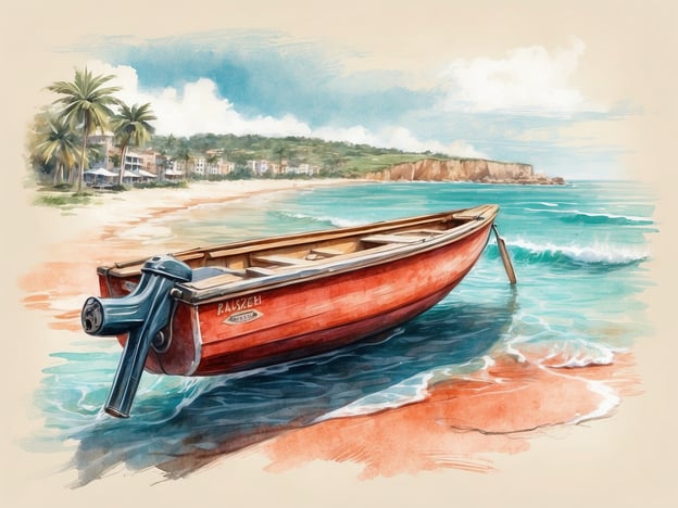 Auf dem Bild ist ein rotes Boot, das am Strand steht, umgeben von tropischen Palmen und dem klaren Wasser des Meeres. Diese Szene könnte für verschiedene Aktivitäten und Attraktionen stehen, wie zum Beispiel:- **Bootstouren**: Ausflüge entlang der Küste oder zu nahegelegenen Inseln.- **Schwimmen und Schnorcheln**: Genießen der klaren Gewässer und Entdecken der Unterwasserwelt.- **Strandaktivitäten**: Entspannen am Strand, Sonnenbaden oder Beachvolleyball spielen.- **Naturerkundung**: Wandern entlang der Küste oder Erforschen der lokalen Flora und Fauna.Diese Umgebung bietet eine perfekte Kulisse für einen entspannenden Tag am Wasser.