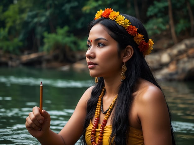 Das Bild zeigt eine Frau, die am Ufer eines ruhigen Gewässers sitzt, umgeben von üppiger Natur. Sie trägt ein farbenfrohes Outfit und einen Kranz aus Blumen, was an die Traditionen der indigenen Völker in der Region des Río San Juan erinnert.
Der Río San Juan ist nicht nur ein geografisches, sondern auch ein kulturelles und spirituelles Symbol. In vielen Legenden dieser Region wird der Fluss als lebendiges Wesen verehrt, das das Leben und die Natur nährt. Es wird gesagt, dass die Geister der Vorfahren in seinen Gewässern leben und den Menschen Weisheit und Schutz anbieten.
Eine der bekanntesten Geschichten erzählt von einem alten Schamanen, der am Ufer des Río San Juan meditierte und die Kräfte der Natur und der Geister um Rat fragte. Während seiner Meditation erschien ihm eine wunderschöne Wassernymphe, die ihm verbotene Geheimnisse offenbarte. Diese Nymphe, die als Wächterin des Flusses gilt, lehrte ihn, im Einklang mit dem Fluss zu leben und die Geheimnisse der Heilkräuter zu nutzen.
Das Bild könnte also eine Verbindung zu diesen Traditionen und Legenden darstellen und die spirituelle Beziehung der Menschen zur Natur und zum Río San Juan symbolisieren.