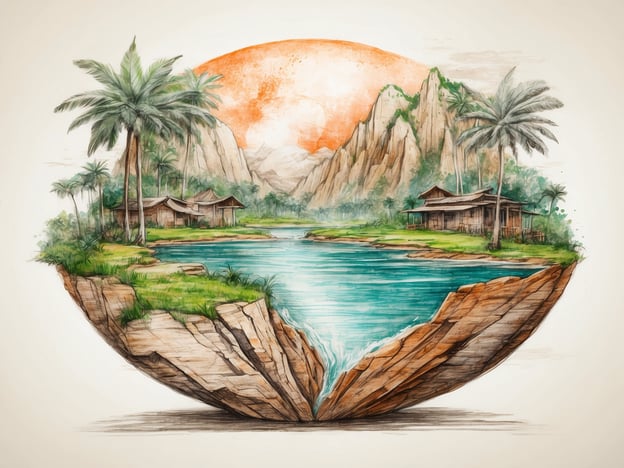 Auf dem Bild ist eine idyllische Landschaft zu sehen, die von Natur und Nachhaltigkeit geprägt ist. Die Darstellung zeigt eine ruhige Wasseroberfläche umgeben von majestätischen Bergen und üppigen Palmen. Die kleinen Hütten, die harmonisch in die Umgebung eingefügt sind, symbolisieren eine sanfte Lebensweise im Einklang mit der Natur.Diese Szene könnte eine Botschaft über den Naturschutz und die Bedeutung nachhaltiger Lebensstile vermitteln. Sie erinnert uns daran, wie wichtig es ist, unsere Umwelt zu schützen und natürliche Ressourcen verantwortungsbewusst zu nutzen. Die harmoniere zwischen Mensch und Natur ist entscheidend für die Bewahrung der Schönheit und Vielfalt unserer Erde.
