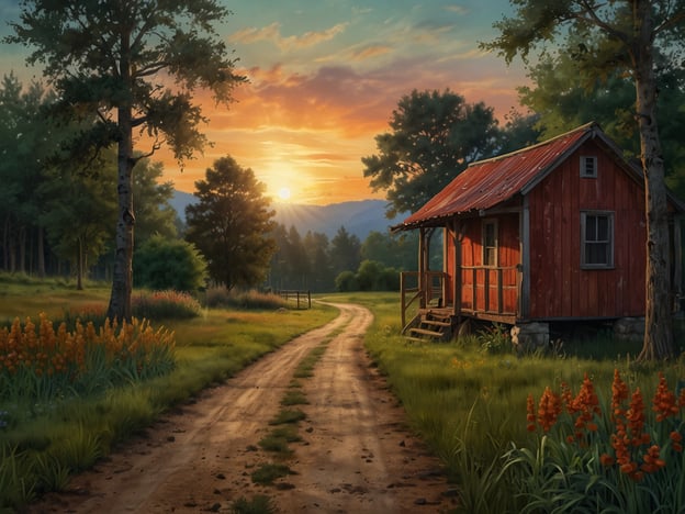 Auf dem Bild ist eine malerische, rustikale Landschaft zu sehen, die stark an den Realismus und die romantische Malerei des 19. Jahrhunderts erinnert. Die sanften Farbtöne des Sonnenuntergangs verleihen der Szene eine nostalgische Stimmung, die oft in der Landschaftsmalerei vorkommt.Die kleine rote Hütte, die entlang des Schotterweges steht, spiegelt lokale Traditionen wider, wie man sie in vielen ländlichen Gebieten findet. Solche einfachen, funktionalen Bauwerke sind oft Teil der landwirtschaftlichen Kultur. Die üppige Vegetation und die Blumen im Vordergrund könnten Elemente der Landschaftsarchitektur sein, die in regionalen Stilen präsent sind.Insgesamt verbindet die Komposition die Ästhetik von Harmonie mit der Natur, die sowohl in der Romantik als auch im Impressionismus zu finden ist, und zeigt die Schönheit des ländlichen Lebens.