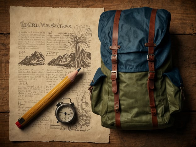 Auf dem Bild ist ein Rucksack zu sehen, der auf einem Holztisch liegt. Neben dem Rucksack liegt ein Blatt Papier, das möglicherweise eine Karte oder wichtige Notizen enthält, sowie ein gelber Bleistift und eine Uhr.**Anreise und Vorbereitung für deinen Besuch:**1. **Rucksack packen:** Stelle sicher, dass du alles Notwendige für deinen Ausflug in den Rucksack packst, wie Wasserflasche, Snacks, eine Karte und eventuell ein Erste-Hilfe-Set.2. **Notizen durchsehen:** Überprüfe die auf dem Papier notierten Informationen. Wenn es sich um eine Karte handelt, merk dir die wichtigsten Punkte.3. **Zeitplanung:** Achte darauf, die Uhr zu nutzen, um rechtzeitig zu starten. Plane ausreichend Zeit für die Anreise ein, sodass du entspannt an deinem Ziel ankommen kannst.Diese Schritte helfen dir, gut vorbereitet und entspannt deinem Ziel entgegenzusehen.
