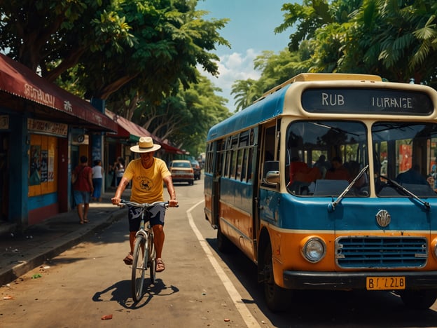Auf dem Bild sieht man eine Szene aus einer Stadt, wahrscheinlich in Ocotal. Ein Mann fährt mit dem Fahrrad auf einer Straße, während ein blauer und orangefarbener Bus neben ihm fährt. Die Umgebung ist mit Bäumen gesäumt, und es gibt verschiedene Läden und Menschen im Hintergrund.Hier sind einige praktische Tipps für Deinen Besuch in Ocotal:1. **Fortbewegung**: Das Fahrrad ist eine gute Möglichkeit, um die Stadt zu erkunden. Viele Straßen sind fahrradfreundlich und bieten dir die Möglichkeit, die Umgebung in deinem eigenen Tempo zu erkunden.2. **Öffentliche Verkehrsmittel**: Der Bus ist eine kostengünstige Option, um dich in der Region fortzubewegen. Achte auf die Fahrpläne und halte das nötige Kleingeld bereit.3. **Lokale Kultur**: Nimm dir Zeit, die lokalen Läden und Märkte zu besuchen, um ein Gefühl für die Kultur und die Menschen zu bekommen.4. **Wetter**: Vergiss nicht, dich der Hitze anzupassen. Leichte Kleidung und Sonnencreme sind ein Muss.5. **Sicherheit**: Sei achtsam, insbesondere in belebten Bereichen, und achte auf deine persönlichen Gegenstände.Genieße deinen Aufenthalt in Ocotal!
