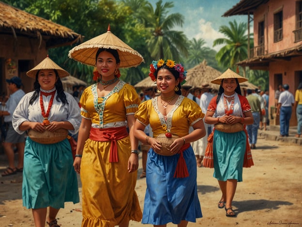 Auf dem Bild sind Frauen zu sehen, die traditionelle Kleidung tragen. Diese Szenen könnten während eines kulturellen Ereignisses oder Festivals in Jinotega, Nicaragua, aufgenommen worden sein. Jinotega ist bekannt für seine reichen Traditionen und farbenfrohen Feste, wie das jährliche Fest zu Ehren von San Sebastián, das von lebhaften Umzügen und folkloristischen Tänzen geprägt ist.Die Frauen auf dem Bild könnten Teil einer solchen Feier sein und zeigen die lokale Tracht, die oft mit bunten Stoffen und kunstvollen Accessoires geschmückt ist. Ebenso könnte der Hintergrund mit den typischen Häuschen und der üppigen Vegetation die landestypische Atmosphäre der Region widerspiegeln, die für ihren Kaffeeanbau und die malerischen Landschaften bekannt ist.
