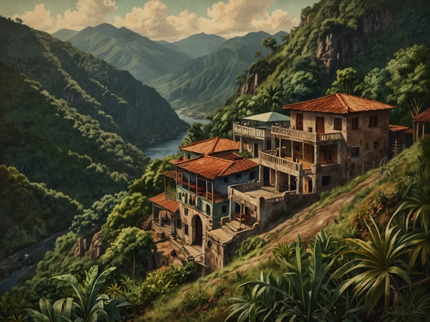 Auf dem Bild ist eine idyllische Landschaft zu sehen, die von üppigen grünen Hügeln und majestätischen Bergen umgeben ist. Im Vordergrund befinden sich charmante Häuser mit roten Dächern, die harmonisch in die Natur integriert sind. Ein Fluss schlängelt sich durch die Landschaft und fügt der Szene eine ruhige Atmosphäre hinzu.Jinotega: Ein Reiseziel für Entdecker, bietet eine solch beeindruckende Naturlandschaft, die Abenteuer und Erholung vereint. Es ist ein Ort, an dem man die Schönheit der Natur hautnah erleben kann, während man die Kultur und die lokale Architektur entdeckt.
