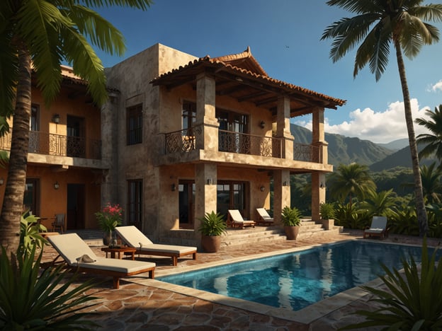 Auf dem Bild ist eine stilvolle Villa mit einem Pool und Sonnenliegen zu sehen, umgeben von tropischen Pflanzen und Palmen. Die Architektur scheint rustikal und einladend zu sein, mit Balkonen und großen Fenstern, die einen Blick auf die umliegende Natur bieten.Hier sind Unterkunftsmöglichkeiten für jedes Budget:1. **Luxus:** - Eine private Villa oder ein hochwertiges Resort mit Wellnessangeboten und Zugang zu privaten Stränden oder Aktivitäten.2. **Mittelklasse:** - Ein gemütliches Boutique-Hotel oder ein Ferienhaus mit Annehmlichkeiten wie einem Pool und direkten Zugang zur Natur.3. **Budget:** - Ein Hostel oder ein günstiges Gästehaus, das einfache Zimmer in der Nähe von Sehenswürdigkeiten bietet. Alternativ könnten Ferienwohnungen oder Campingmöglichkeiten eine günstige Option sein.Egal welches Budget, es gibt viele schöne Möglichkeiten, um den Aufenthalt in einer solchen traumhaften Umgebung zu genießen!