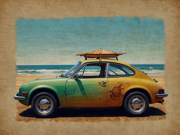 Auf dem Bild ist ein farbenfrohes Auto zu sehen, das am Strand steht. Es hat ein Sommerschild auf dem Dach, was darauf hindeutet, dass es für einen Ausflug oder einen entspannten Tag am Meer genutzt wird.Aktivitäten vor Ort könnten das Entspannen am Strand, das Sonnenbaden, Picknicken oder das Genießen von Wassersportarten wie Surfen oder Schwimmen sein. Außerdem könnte man am Strand entlang spazieren oder mit Freunden ein gemütliches Grillfest veranstalten. Solch ein Auto wäre ideal, um Ausflüge zu machen oder einfach die Freiheit und die Sommeratmosphäre zu genießen.
