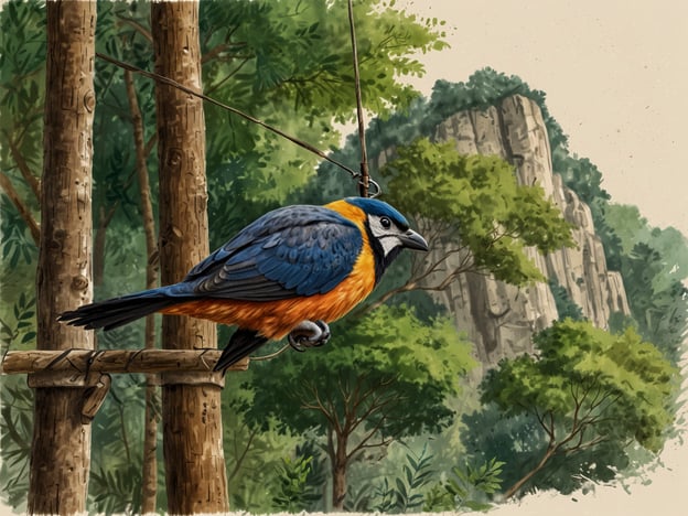 Auf dem Bild ist ein bunter Vogel zu sehen, der an einem Haken hängt und vermutlich in einer natürlichen Umgebung in den Bäumen lebt. Dieses Bild könnte Besucher dazu inspirieren, Erlebnisangebote in einem Naturpark oder einem Vogelbeobachtungszentrum zu nutzen.Besucher könnten teilnehmen an:1. **Vogelbeobachtungstouren**: Führungen, bei denen man verschiedene Vogelarten in ihrem natürlichen Lebensraum beobachten kann.2. **Vogelpflege-Workshops**: Möglichkeiten, mehr über die Pflege und den Schutz von Vögeln zu lernen.3. **Fotografie-Workshops**: Lektionen zur Natur- und Tierfotografie, um den perfekten Schnappschuss von Vögeln einzufangen.4. **Interaktive Vorträge**: Veranstaltungen, die sich mit Vogelarten, ihrem Verhalten und ihrem Habitat beschäftigen.5. **Naturwanderungen**: Geführte Wanderungen durch die Umgebung, um Flora und Fauna hautnah zu erleben.Diese Aktivitäten fördern das Bewusstsein für den Naturschutz und bieten tolle Erlebnisse für Natur- und Tierliebhaber.