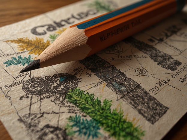 Auf dem Bild ist ein Bleistift zu sehen, der auf einem handgefertigten Papier liegt, das mit Zeichnungen von Bäumen und Pflanzen verziert ist. Diese Art von Papier kann aus recycelten oder nachhaltigen Materialien hergestellt sein, was im Einklang mit dem Umweltschutz steht.Das Zeichnen und Planen, insbesondere in einem natürlichen Umfeld, kann ein wichtiger Aspekt des nachhaltigen Tourismus sein. Es fördert das Bewusstsein für die Natur und ihre Schönheit, während es gleichzeitig dazu anregt, respektvoll mit der Umwelt umzugehen. Solche Aktivitäten können umweltfreundliche Praktiken unterstützen und helfen, die Bedeutung des Naturschutzes zu vermitteln, während Reisende die Natur genießen und erkunden.