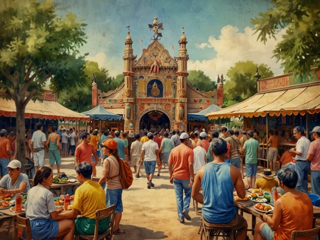 Auf dem Bild ist ein lebhafter Marktplatz oder Volksfest zu sehen, das von vielen Menschen besucht wird. Die Architektur im Hintergrund könnte traditionelle Elemente aufweisen, typisch für viele Kulturen in Südostasien, möglicherweise mit bunten Lagerhäusern und kunstvollen Verzierungen.In den Ständen werden verschiedene lokale Speisen und Getränke angeboten, was auf eine umfassende kulinarische Vielfalt hinweist. Die Menschen scheinen fröhlich zu sein, was darauf hindeutet, dass Gemeinschaft und soziales Beisammensein eine zentrale Rolle spielen. Solche Feste sind oft ein wichtiger Teil der regionalen Kultur, feiern Traditionen, Bräuche und den Zusammenhalt der Gemeinschaft.Die Farben und das Ambiente vermitteln eine warme, einladende Atmosphäre, die oft mit Festlichkeiten und Märkten in tropischen oder subtropischen Regionen assoziiert wird. Kinder und Erwachsene genießen die Zeit miteinander, was typisch für viele Kulturen ist, in denen das familiäre und soziale Leben großgeschrieben wird.