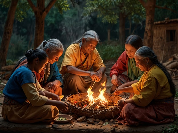 Auf dem Bild sind mehrere Frauen und Mädchen zu sehen, die um ein Feuer sitzen. Diese Szene könnte Teil eines traditionellen Zusammenkommens in Waspam sein, wo Gemeinschaft und Familie eine zentrale Rolle spielen.In Waspam, einer Region in Nicaragua, sind Feuerrituale oft wichtig, um Geschichten zu erzählen, Wissen zu teilen und Gemeinschaft zu fördern. Diese Zusammenkünfte könnten in Verbindung mit Feierlichkeiten oder alltäglichen Aktivitäten stehen, bei denen Lebensmittel zubereitet und soziale Bindungen gestärkt werden.Das Feuer dient nicht nur als Wärmequelle, sondern auch als Symbol für das Lebenselixier und die Verbindung zur Natur. Der Austausch von Speisen und die gemeinsame Zubereitung von Mahlzeiten sind bedeutende Aspekte der Kultur, die sowohl die Traditionen bewahrt als auch das Gemeinschaftsgefühl stärkt.