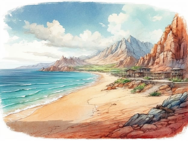 Auf dem Bild ist eine malerische Küstenlandschaft mit Sandstrand, klarem Wasser und beeindruckenden Bergen im Hintergrund zu sehen. Es gibt einige einfache Hütten und Felsen am Ufer.Aktivitäten für Besucher könnten Folgendes umfassen:1. **Schwimmen und Schnorcheln**: Die klaren Gewässer laden zum Erkunden der Unterwasserwelt ein.2. **Wanderungen**: Die umliegenden Berge bieten tolle Wanderwege mit spektakulären Ausblicken.3. **Entspannen am Strand**: Ein idealer Ort zum Sonnenbaden oder für ein Picknick.4. **Fotografie**: Die malerische Kulisse ist perfekt für beeindruckende Fotos.5. **Vogelbeobachtung**: An der Küste könnten verschiedene Vogelarten zu sehen sein.Es gibt sicher viele Möglichkeiten, die Natur und die Umgebung zu genießen!