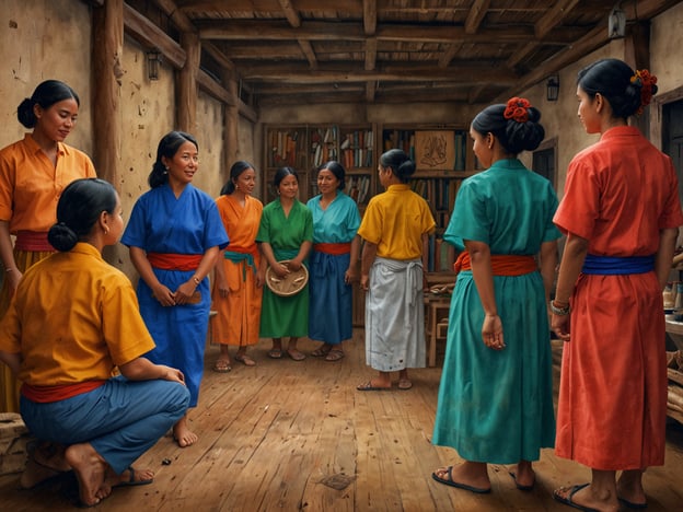 Auf dem Bild sind mehrere Frauen in traditionellen, bunten Kleidungsstücken zu sehen, die in einem rustikalen Raum versammelt sind. Die unterschiedliche Farben ihrer Kleidung könnten auf verschiedene Rollen oder Anlässe hinweisen, vielleicht im Rahmen eines kulturellen Festes oder einer Gemeinschaftsaktivität.Dieser Raum könnte eine Art Versammlungsort oder Ort für kulturelle Veranstaltungen sein, wo lokale Traditionen, Musik oder Tänze praktiziert werden. Die Interaktion der Frauen deutet auf ein Miteinander hin, das in vielen Kulturen von großer Bedeutung ist. Solche Erlebnisse stärken die Gemeinschaft und bewahren kulturelle Praktiken und Werte.