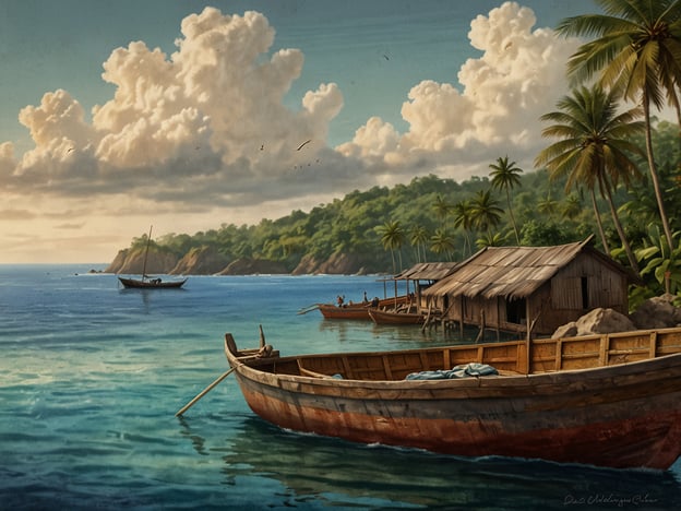 Auf dem Bild sind mehrere Boote zu sehen, die an einem ruhigen, tropischen Gewässer liegen, umgeben von üppiger, grüner Vegetation und Palmen. Der Himmel ist klar mit einigen Wolken, die das Bild in warmes Licht tauchen.### Anreise:Um diesen malerischen Ort zu besuchen, empfehlen sich verschiedene Optionen. Falls sich die Szenerie an einem beliebten Strand oder in einer Küstenregion befindet, können Sie mit dem Flugzeug bis zum nächstgelegenen Flughafen reisen und von dort ein Taxi oder einen Shuttle-Service zu Ihrem Ziel nehmen. Alternativ bieten sich auch Busverbindungen an, falls Sie in einer näheren Stadt sind.### Tipps für Ihren Besuch:1. **Frühzeitige Planung**: Informieren Sie sich über lokale Gegebenheiten und Aktivitäten, um das Beste aus Ihrem Besuch herauszuholen.2. **Bootstouren**: Nutzen Sie die Gelegenheit, um eine Bootstour zu unternehmen und die umliegenden Inseln oder das Ufer zu erkunden.3. **Lokale Küche**: Probieren Sie die regionale Küche in lokalen Restaurants oder an Straßenständen. Oft gibt es frische Meeresfrüchte und exotische Früchte.4. **Natur genießen**: Genießen Sie die Natur, machen Sie Spaziergänge am Strand und erkunden Sie die tropische Pflanzenwelt.5. **Sonnenuntergang**: Verpassen Sie nicht den Sonnenuntergang! Die Aussicht ist oft spektakulär und ein perfekter Abschluss eines schönen Tages am Wasser.Genießen Sie Ihren Besuch!