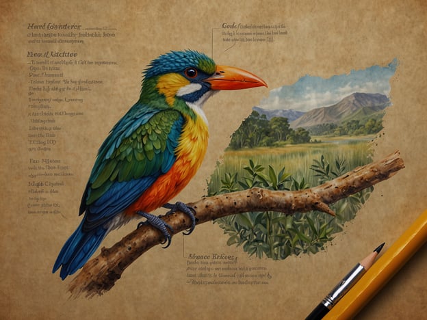 Auf dem Bild ist ein farbenfroher Vogel zu sehen, der auf einem Ast sitzt. Sein leuchtendes Gefieder in Blau, Grün, Orange und Gelb macht ihn zu einem beeindruckenden Anblick. Im Hintergrund ist eine malerische Landschaft mit Bergen und Wiesen abgebildet, die eine idyllische Natur zeigt.Für Naturliebhaber könnte dies eine Einladung zu verschiedenen Aktivitäten sein, wie:1. **Vogelbeobachtung** – Bei einem Spaziergang in der Natur kann man versuchen, verschiedene Vogelarten zu entdecken und zu identifizieren.2. **Naturfotografie** – Die Schönheit der Natur, einschließlich von Vögeln und Landschaften, lässt sich wunderbar mit der Kamera festhalten.3. **Wanderungen oder Spaziergänge** – Erkundung der Umgebung in der Natur auf Wanderwegen, um die Flora und Fauna zu genießen.Diese Aktivitäten bieten eine großartige Möglichkeit, sich mit der Natur zu verbinden und ihre Vielfalt zu schätzen.