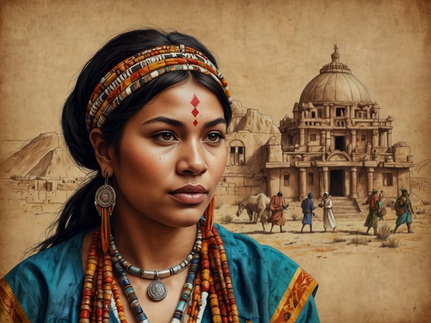 Auf dem Bild ist eine Frau mit traditioneller Kleidung und Schmuck zu sehen, die möglicherweise aus einer indigenen Kultur stammt. Ihr Aussehen und die Verwendung von farbenfrohen Halsketten und Ohrringen deuten auf eine tiefe kulturelle Bedeutung hin. Der rote Punkt auf ihrer Stirn, bekannt als "Bindi", hat ebenfalls symbolische Bedeutungen in verschiedenen Kulturen, insbesondere im indischen Raum.Im Hintergrund sieht man eine architektonische Struktur, die an historische Tempel oder bedeutende Bauwerke erinnert. Diese Verbindung von Mensch und Architektur spiegelt die kulturelle und spirituelle Identität der Region wider. Solche Darstellungen sind oft in der Kunst zu finden und zeigen den Dialog zwischen Tradition und Geschichte.Insgesamt vermittelt das Bild eine Verbindung zu den Wurzeln und dem kulturellen Erbe der Region, die für ihre Vielfalt und ihren Reichtum an Traditionen bekannt ist.