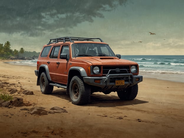 Auf dem Bild ist ein orangefarbener Geländewagen an einem Strand zu sehen. Die Szenerie deutet darauf hin, dass es sich um einen tropischen oder subtropischen Ort handelt.**Anreise:** Um an einen solchen Strand zu gelangen, kann man in der Regel entweder mit dem Auto, einem Geländewagen oder durch andere Transportmittel anreisen. Je nach Lage des Strandes könnten auch Flugreisen ins Spiel kommen, gefolgt von einer Autofahrt.**Beste Reisezeit:** Die beste Reisezeit hängt von der Region ab. In vielen tropischen Gebieten sind die Monate von November bis April ideal, da das Wetter meist trocken und angenehm ist. In der Regenzeit kann es häufig zu heftigen Niederschlägen kommen, die die Reise beeinträchtigen.