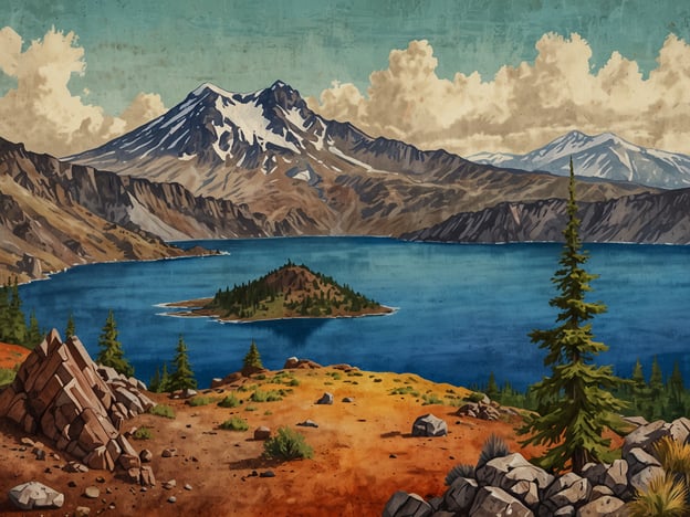 Das Bild zeigt eine beeindruckende Landschaft mit einem großen Wassersee und einem vulkanischen Hintergrund, der möglicherweise den Vulkan Santiago darstellen könnte. Dieser Vulkan hat einige markante Merkmale:1. **Schneebedeckte Gipfel**: Der Santiago ist bekannt für seine schneebedeckten Spitzen, die ihm ein majestätisches Aussehen verleihen.2. **Geologische Vielfalt**: Die umliegenden Berge zeigen eine abwechslungsreiche Geologie, häufig mit steilen Hängen und zerklüfteten Felsen, die eine interessante Struktur bilden.3. **Kratersee**: In der Nähe des Vulkans könnte ein Kratersee dargestellt sein, was eine typische Erscheinung für viele Vulkanlandschaften ist.4. **Vegetation**: Die Präsenz von Nadelbäumen im Vordergrund deutet darauf hin, dass der Vulkan von üppiger Flora umgeben ist, die typische alpine oder subalpine Pflanzenarten umfasst.5. **Farbkontraste**: Die warmen Farbtöne des Bodens und die kalten Blau- und Grautöne des Wassers schaffen einen starken visuellen Kontrast und betonen die Schönheit der Landschaft.Insgesamt vermittelt das Bild ein Gefühl von Ruhe und majestätischer Natur, typisch für vulkanische Regionen.