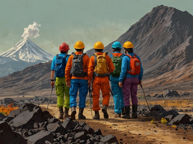 Auf dem Bild sind mehrere Personen zu sehen, die in einer Gruppe bergwandern. Sie tragen bunte Outdoor-Bekleidung und Helme, während sie auf einem schmalen Weg in Richtung eines Vulkans gehen, der im Hintergrund zu sehen ist. Es gibt eine vulkanische Aktivität, erkennbar an dem Rauch, der aus dem Gipfel aufsteigt.Für Besucher, die ähnliche Aktivitäten in der Natur planen, sind einige Sicherheitstipps wichtig:1. **Informieren Sie sich über die Region**: Überprüfen Sie die Wetterbedingungen und mögliche vulkanische Aktivitäten.2. **Ausrüstung**: Tragen Sie stets geeignete Kleidung und Schuhe und verwenden Sie Helme, wenn nötig.3. **Gruppensicherheit**: Wandern Sie immer in Gruppen und halten Sie zusammen.4. **Notfallplan**: Haben Sie einen Plan für Notfälle und wissen Sie, wie Sie Hilfe rufen können.5. **Respekt vor der Natur**: Achten Sie auf die Umgebung und vermeiden Sie gefährliche Bereiche.Bleiben Sie sicher und genießen Sie Ihre Abenteuer in der Natur!