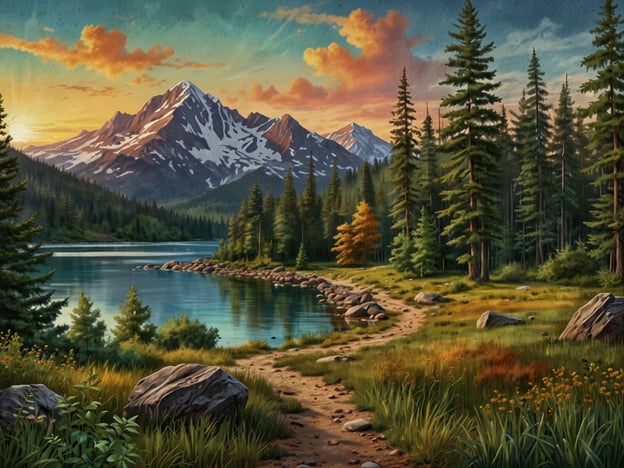 Auf dem Bild sieht man eine malerische Landschaft mit hohen Bergen, die mit Schnee bedeckt sind, und einem ruhigen See, der das Licht der untergehenden Sonne reflektiert. Der Weg führt entlang des Ufers, gesäumt von üppigen grünen Wiesen und Bäumen. Diese Szenerie lädt dazu ein, die Natur hautnah zu erleben – perfekt für Wanderer, die die Stille und Schönheit des Naturreservats genießen möchten.Stell dir vor, wie es wäre, auf diesem Weg zu wandern, die frische Luft einzuatmen und das Zwitschern der Vögel zu hören. Vielleicht pausierst du kurz am Ufer des Sees, um die atemberaubende Aussicht zu genießen und den Sonnenuntergang über den Bergen zu beobachten. Solch ein Erlebnis in der Natur kann entspannend und bereichernd sein, ideal für jeden Naturliebhaber.