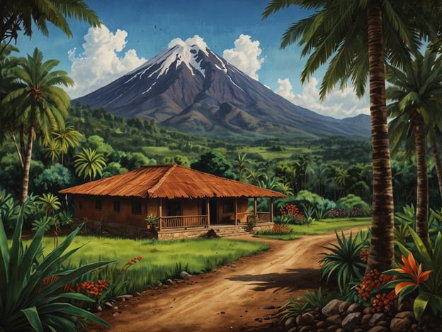 Auf dem Bild ist eine malerische Landschaft mit einem imposanten Vulkan im Hintergrund zu sehen, umgeben von üppiger Vegetation und tropischen Pflanzen. Im Vordergrund steht ein traditionelles, einfaches Haus mit einem Strohdach, das möglicherweise als Wohnort für lokale Gemeinden dient.Der Vulkan, der oft als Symbol für die Kraft der Natur angesehen wird, spielt eine zentrale Rolle in der Kultur vieler Gemeinschaften, insbesondere in Gebieten, die von Vulkanen geprägt sind. Hier könnte er für Fruchtbarkeit der Erde, spirituelle Bedeutung oder sogar als Schutzgeist für die Anwohner stehen.Die Vegetation, bestehend aus Palmen und bunten Blumen, zeigt die reiche Biodiversität der Region und spiegelt das harmonische Verhältnis der Menschen zur Natur wider. Solche Landschaften sind oft Schauplatz gemeinschaftlicher Feste, Traditionen und Bräuche, die tief in der Geschichte dieser Kulturen verwurzelt sind. Dies fördert nicht nur die lokale Identität, sondern auch den Stolz auf die natürliche Umgebung.