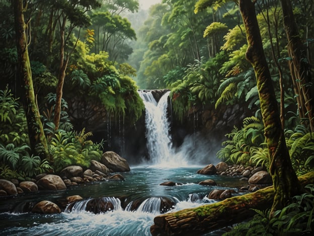 Auf dem Bild ist eine malerische Landschaft mit einem Wasserfall zu sehen, der in einen klaren Fluss fließt, umgeben von üppigem, grünem Dschungel. Für Natur- und Abenteuerliebhaber könnten hier folgende Aktivitäten ansprechend sein:1. **Wanderungen**: Erkundung der umliegenden Wälder auf gut markierten Wanderwegen.2. **Schwimmen**: Sich im kühlen Wasser des Flusses erfrischen.3. **Fotografie**: Die beeindruckende Flora und Fauna festhalten.4. **Vogelbeobachtung**: Die vielfältigen Vogelarten in dieser Umgebung beobachten.5. **Gemütliche Picknicks**: Entspannen und die Natur bei einem Picknick genießen.6. **Klettern**: Die Felsen rund um den Wasserfall für ein wenig Abenteuer erklimmen.Solch eine Landschaft bietet viele Möglichkeiten, die Schönheit der Natur zu erleben und aktiv zu sein.