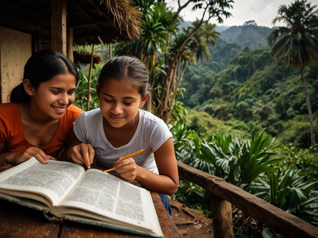 Auf dem Bild sind zwei junge Mädchen zu sehen, die zusammen an einem Tisch sitzen und in einem Buch lesen. Im Hintergrund ist eine grüne, üppige Landschaft zu sehen, die eine entspannte und natürliche Atmosphäre vermittelt.Für einen unvergesslichen Aufenthalt in der Natur könnten folgende Tipps hilfreich sein:1. **Natur entdecken**: Nutze die Gelegenheit, die Umgebung zu erkunden – mache Wanderungen oder Fahrradtouren durch die Landschaft.2. **Entspannung**: Gönne dir regelmäßige Pausen und genieße die Ruhe der Natur. Bring eine Decke mit und mach ein Picknick!3. **Lernen und Lesen**: Nutze die Freizeit, um zu lesen oder Neues zu lernen. Nimm interessante Bücher oder ein Tagebuch mit.4. **Lokale Kultur erleben**: Suche nach Möglichkeiten, die örtliche Kultur kennenzulernen, sei es durch Märkte, Workshops oder Feste.5. **Fotografieren**: Halte die schönen Momente fest! Mach Fotos von der Natur und deinen Erlebnissen, um später schöne Erinnerungen zu haben.Viel Spaß und eine schöne Zeit!