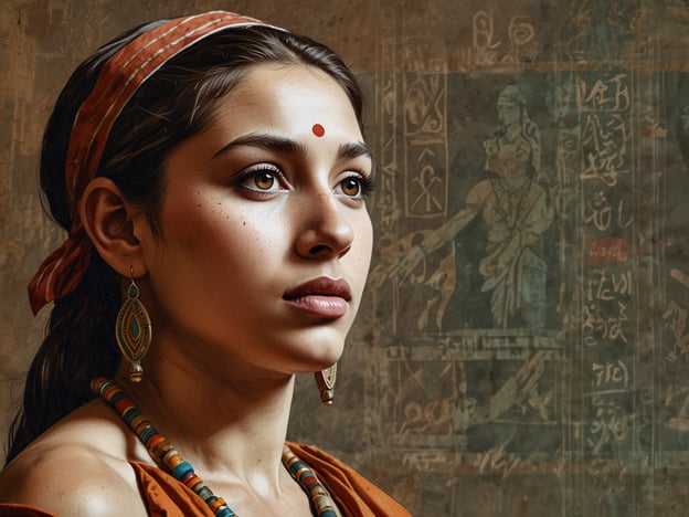 Auf dem Bild ist ein Porträt einer jungen Frau zu sehen, die kulturelle Elemente und Schmuck aus einer traditionellen oder historischen Perspektive trägt. Im Hintergrund sind Felszeichnungen oder Hieroglyphen abgebildet, die auf eine bedeutende kulturelle und historische Tradition hinweisen.Felszeichnungen sind wichtige Zeugnisse der frühzeitlichen Menschheitsgeschichte. Sie geben Einblick in das Leben, die Rituale und die sozialen Strukturen vergangener Kulturen. Diese Zeichnungen erzählen Geschichten von Jägern, Tieren, mythologischen Begebenheiten und alltäglichen Szenen. Sie dienen nicht nur als Kommunikationsmittel, sondern auch als Ausdruck der Identität und Spiritualität der Menschen, die sie erschufen.Die Verbindung zwischen der abgebildeten Person und den Felszeichnungen könnte darauf hindeuten, dass kulturelles Erbe und Identität eine zentrale Rolle im Leben dieser Person spielen. Dies verdeutlicht die Bedeutung, die solche historischen Darstellungen für die gegenwärtige Kultur und das individuelle Verständnis von Wurzeln und Traditionen haben können.