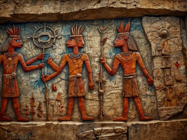 Auf dem Bild sind Felszeichnungen zu sehen, die drei humanoide Figuren darstellen. Die beiden linken Figuren sind in orangefarbene Kleidung gehüllt, während die rechte Figur eine andere Pose und Kleidung hat. Die Figuren scheinen ornamentale Details zu tragen, wie Halsketten und Kopfschmuck.Eine der Figuren hält ein Objekt, das möglicherweise symbolisch ist, während die andere Handgesten macht, die auf Interaktion oder Kommunikation hindeuten könnten. Im Hintergrund sind weitere geometrische und pflanzliche Motive zu erkennen, die die Umgebung um die Figuren gestalten.Die gesamte Komposition vermittelt einen Eindruck von kultureller Bedeutung, möglicherweise aus einer alten Zivilisation, und stellt eine Szenerie dar, die auf Rituale oder bedeutende Ereignisse hinweisen könnte.