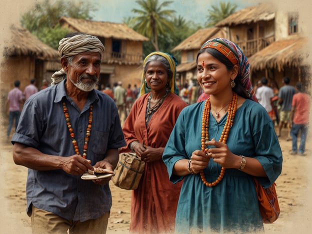 Auf dem Bild sind Menschen in traditionellen Kleidern zu sehen, die in einem ländlichen Umfeld leben. Ihre Kleidung und Schmuck spiegeln kulturelle Elemente wider, die oft bei kulturellen Begegnungen und Festen während Wanderungen oder Marktbesuchen beachtet werden.Die Szenerie vermittelt ein Gefühl von Gemeinschaft und geselligem Miteinander. Solche Begegnungen während Wanderungen ermöglichen oft den Austausch von Geschichten, Traditionen und Bräuchen, was zu einem tieferen Verständnis und Wertschätzung verschiedener Kulturen führt. Die Menschen scheinen freundlich und offen zu sein, was die wichtige Rolle von Interaktionen und Dialogen in kulturellen Netzwerken verdeutlicht.